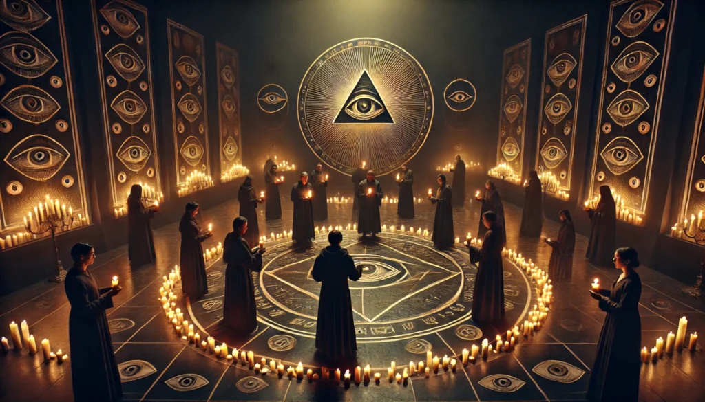 DALL·E 2025-04-17 16.31.42 - A dark room with a cult-like atmosphere, lit by candles. The room is filled with intricate eye symbols on the walls and a large, complex eye symbol in